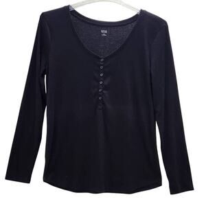 ANA Women's Henley Soft Ribbed Scoop-Neck Long-Sleeve Top Black XL 6-Fake Btn